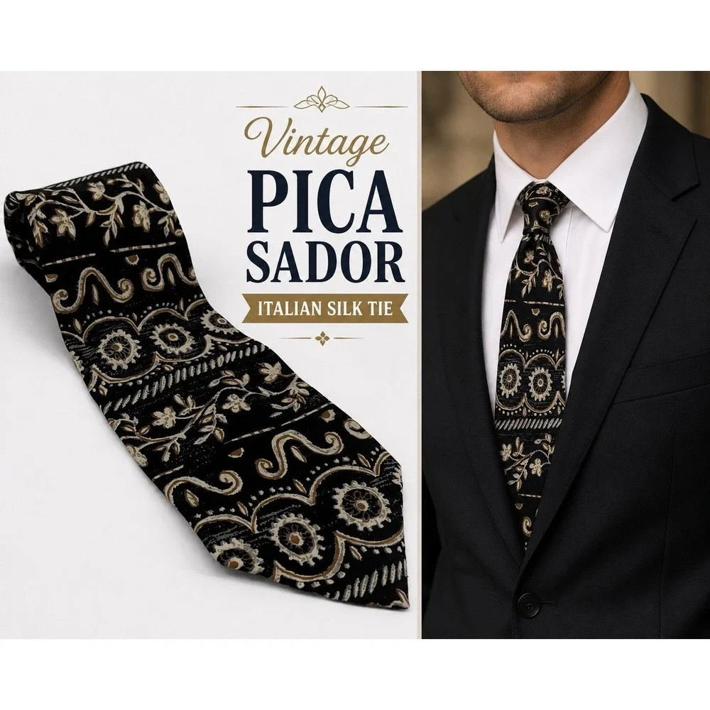 Vintage Pica Sador Italian Silk Tie Black Floral Paisley Necktie Wide Retro Mod
